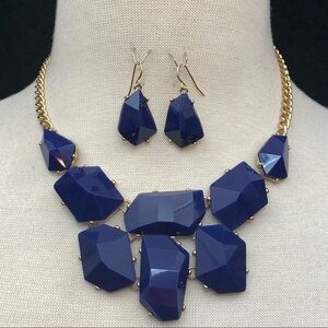 Chunky Abstract Dark Blue Stones Gold Statement Bib Necklace Earrings Set